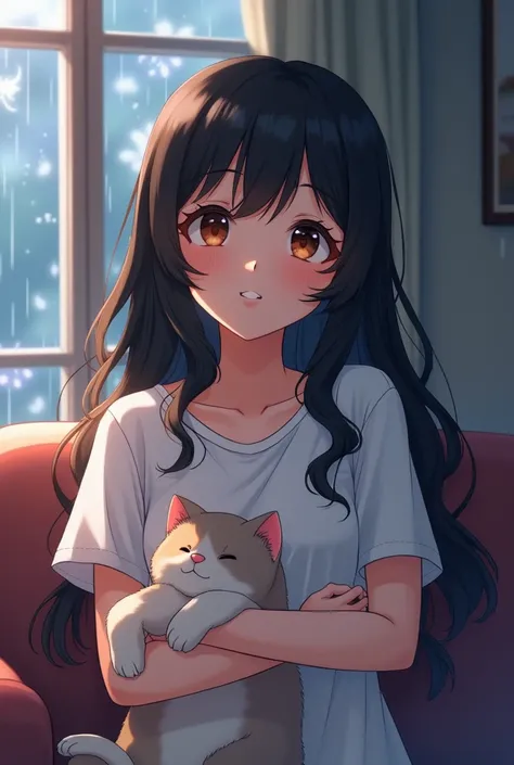  Stylish and cute looking woman with long black wavy hair, White T-Shirt , Exhaust muffler, Sit on the sofa, rain,  see raindrops  ,Mystical Faces , Hug the cat,  smileWarm and calm atmosphere , Future anime style ,  Movie Elements,  very high profile.
