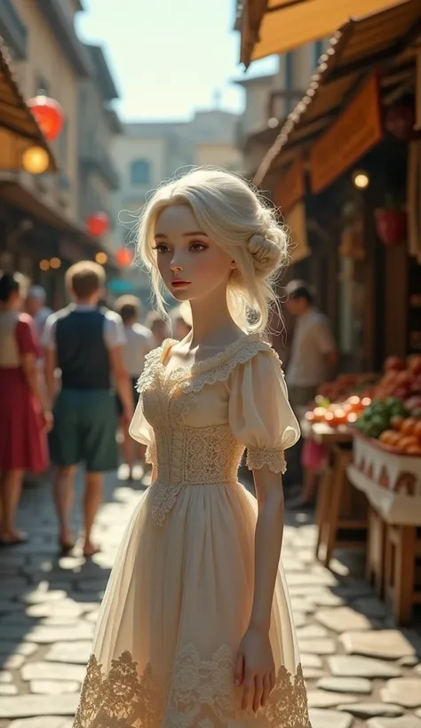 an elegant porcelain doll in an old market