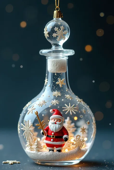  The Christmas tree toy is made of glass in the shape of a flask with two tiers depicting a cute little Santa Claus,  snowflakes and pretty patterns ,  masterpiece fails, 8 k,  complicated details,  better quality , handmade robot item ,