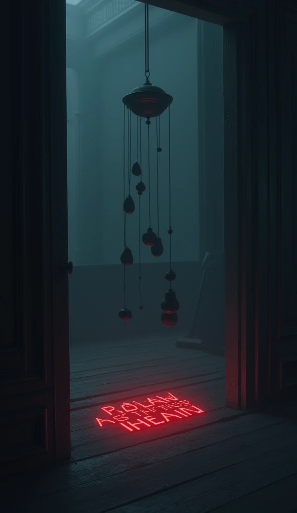 At night 
In the room there are under a mobile in the mobile something red written in the floor