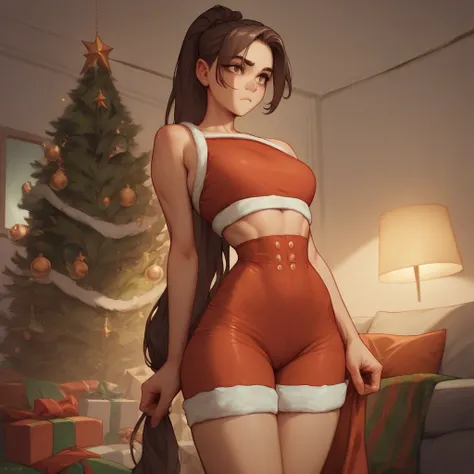 A girl with a fair skin, long dark brown hair tied into a tight high topknot style waist length ponytail with parted bangs and light brown eyes as she wears a shoulder off Christmas outfit on living room