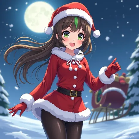  BEAUTIFUL ANIMATED ARTWORK 、chest、Brown hair with green hair 、 cute Santa Claus clothes and mini skirt 、 black pantyhose、Brilliant strong brilliance、Snowy Night、In the background is the shadow of Santa Claus riding a sleigh drawn by a reindeer with the mo...