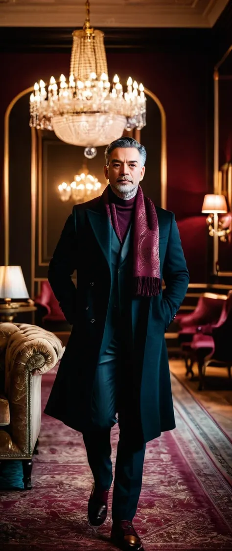 A full-body portrait of a confident man standing with pride and elegance in a luxurious and sophisticated interior space, wearing a stylish dark overcoat and a burgundy scarf, with refined lighting highlighting his poised demeanor, surrounded by ornate dec...