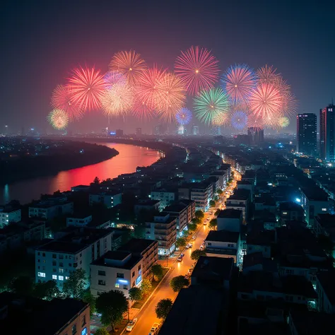 A breathtaking aerial night view of Dhaka city, captured as if from a drone. The city is alive with thousands of glowing lights from buildings, streets, and vehicles, creating a mesmerizing urban grid. The sky above is filled with vibrant fireworks burstin...