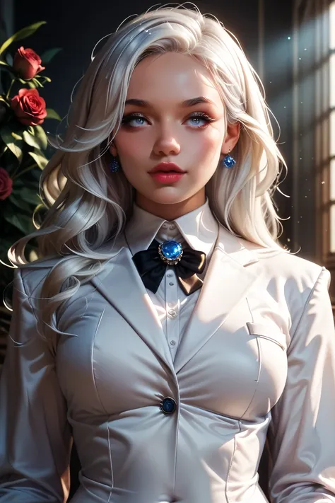 masterpiece,  top quality , close to perfection, ( perfect face:1.1), ( high detail:1.1), dramatic, (1 person),  blue-white skin, (Long pure white hair :1.4), White Eyes,  Otto Sepparainen , Alone,  long hair,  White Luxury Suit ,  covered navel , snob, al...