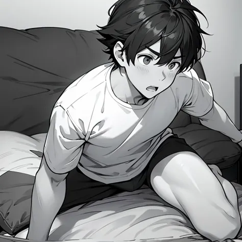  black and white、Surprised boy getting into a futon、