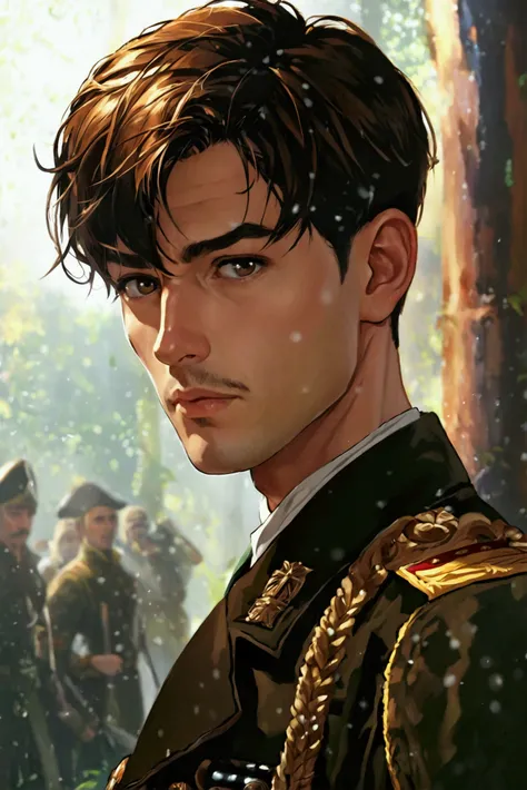 Appearance: 36 year man, angular cheekbones ,  military alignment , brown-haired,  half-box hairstyle , mustache 
Environment :  dark forest 
Clothing :  image Armand Jean du Plessis de Richelieu,  steel shovel in hands