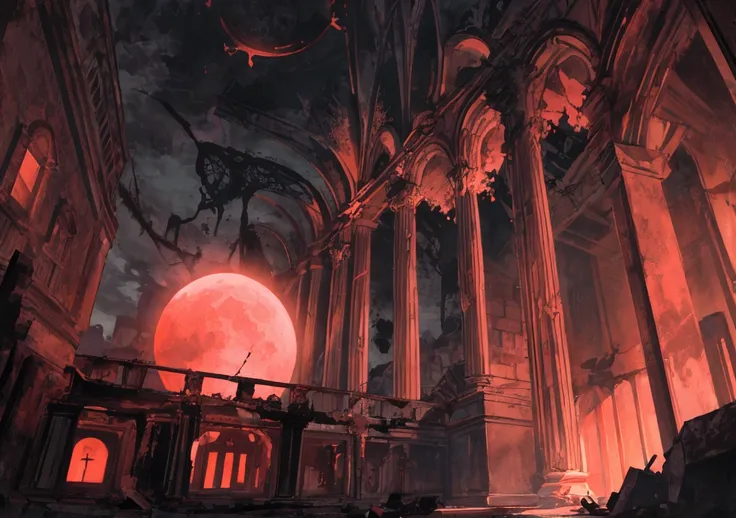 Ruins of a collapsed mansion, Dark night sky with a red moon,  a giant dark red blood ball floating,  Highlight the bead in the center of the screen 