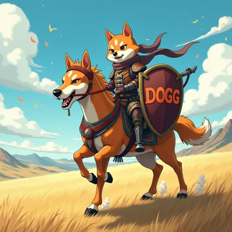 
An illustration、 Japanese Cartoons 、Shiba Inu、Hold a shield with the letters DOGG in your hand、warrior， high quality 、 high resolution 、 on the horse ，In the background, on the prairie, 