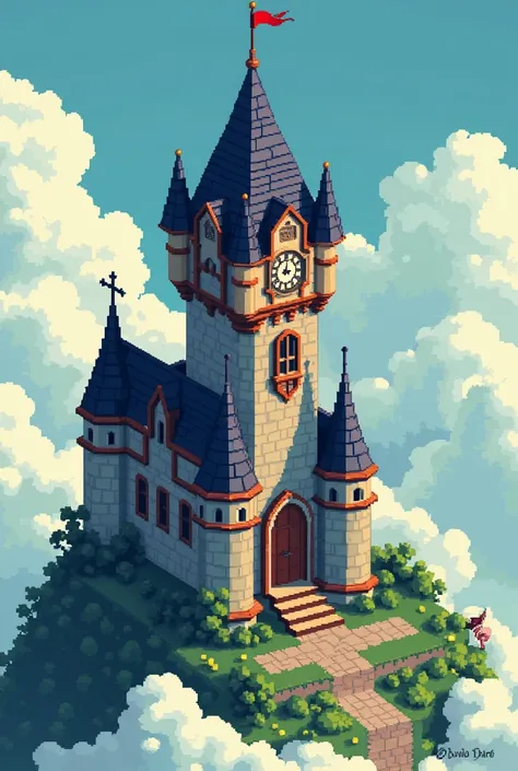 pixel art of a castle with a clock tower and a door inspired by Jakub Schikaneder, polycount contest winner, pixel art, isometric pixel art, isometric voxel art, isometric pixelart, high quality voxel art, detailed pixel art, isometric view of a wizard tow...