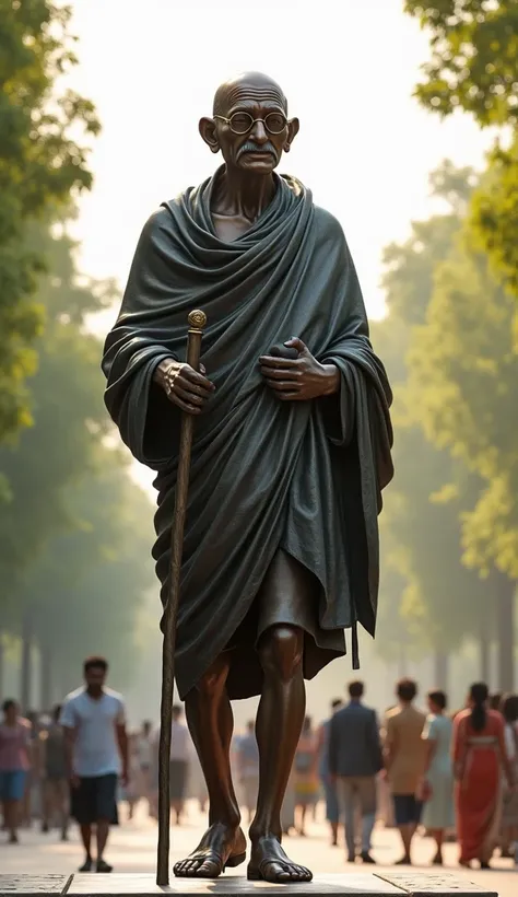 A majestic statue of Mahatma Gandhi, carved in bronze, standing tall in his traditional dhoti and shawl, holding a walking stick, surrounded by a serene park with people of diverse cultures gathered around, symbolizing unity and global peace, soft morning ...