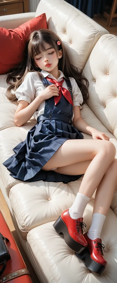 ((Highest quality)), 1 schoolgirl, ((young girl:1.5)), fitted figure , cute beautiful teenage schoolgirl, beautiful cute teen face with big lips , ((white blouse short puffy sleeves)) , ((High Waisted black silk fluffy pleated pinafore dress)), ((red pione...