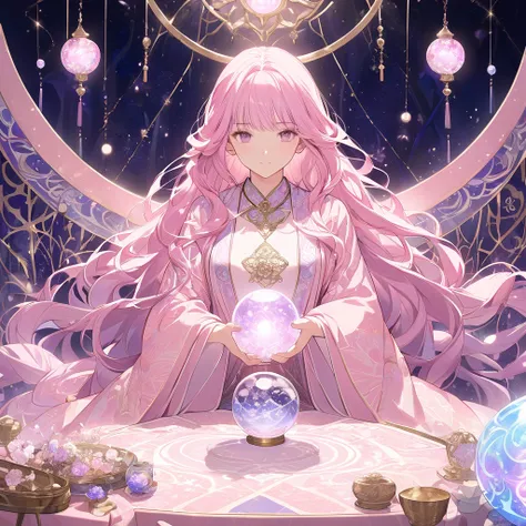 An anime-style illustration of a mystical fortune-teller woman, sitting at a table with tarot cards laid out. She has long, flowing hair, wearing a flowing robe with intricate patterns, and a shimmering crystal ball glowing in front of her. The atmosphere ...