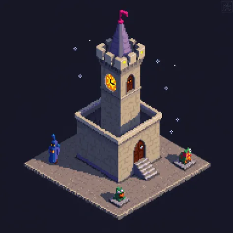 pixel art of a castle with a clock tower and a door, isometric pixel art, isometric voxel art, high quality voxel art, isometric pixelart, detailed pixel art, isometric view of a wizard tower, pixel art isometric drawing, pixel art style, isometric voxel, ...