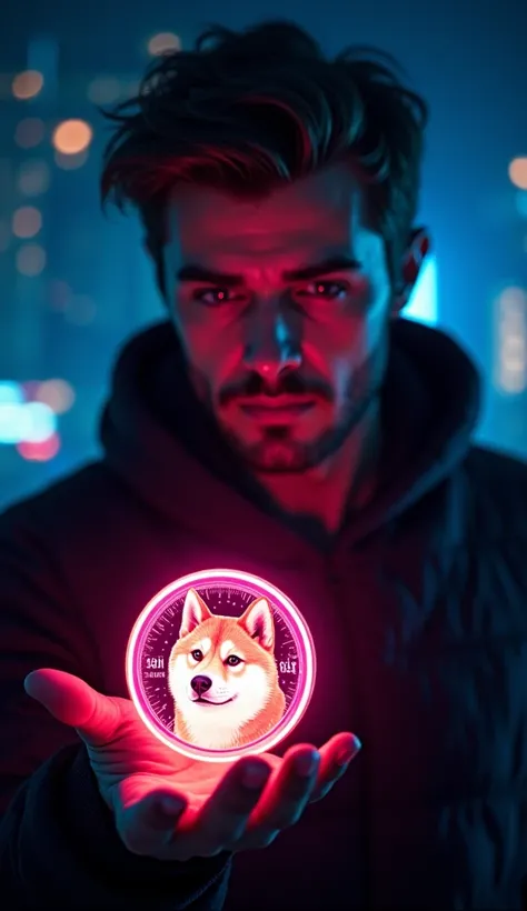 Man holding "Shiba Inu" cryptocurrency coin in a hand , glowing light coming from it , Neon Effect 