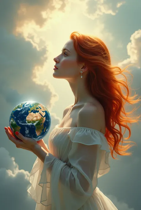 Beautiful red-haired woman looking at the sky holding the earth in her palm 