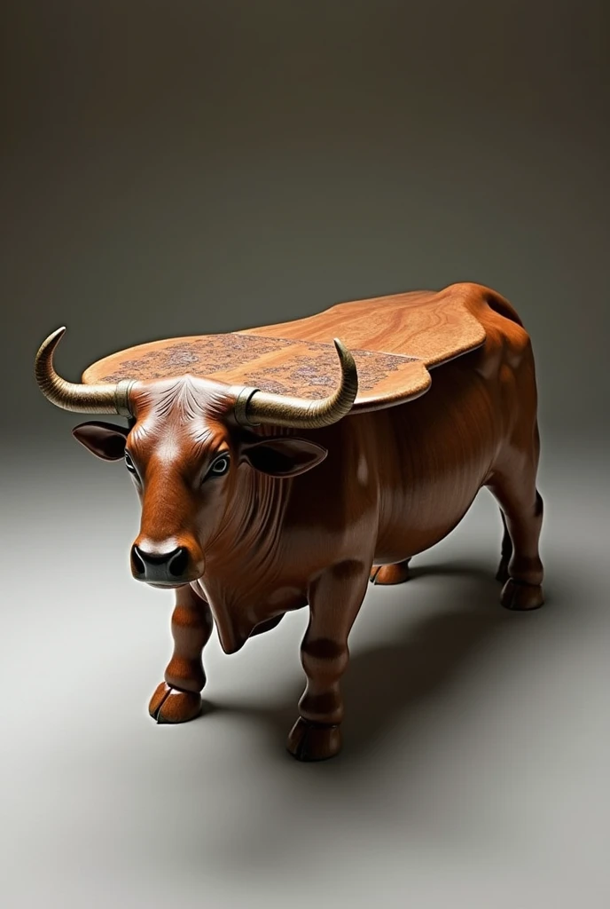 A table with a unique design resembling the body of an ox, with its legs and hooves as the table’s base, symbolizes power, endurance, and the connection between humans and nature."