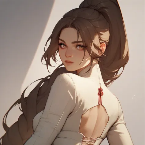 A girl with a fair skin, long dark brown hair tied into a tight high topknot style waist length ponytail with parted bangs and light brown eyes as she wears red and white kunoichi dress, amd dojng a sexy pose on bedroom 