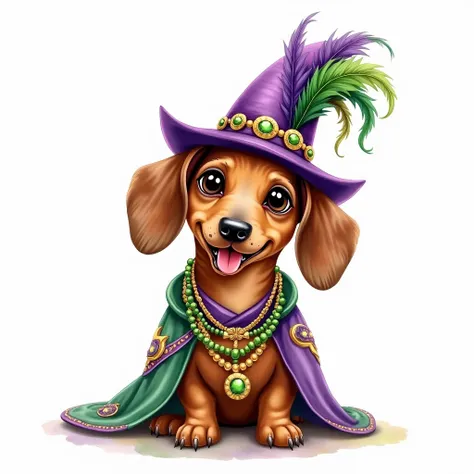 This charming illustration features an adorable and lovable Dachshund dressed in an opulent Mardi Gras costume. The vibrant design embodies the festive spirit and joy of the celebration, uniquely adorned in the iconic Mardi Gras colors of purple, green, an...