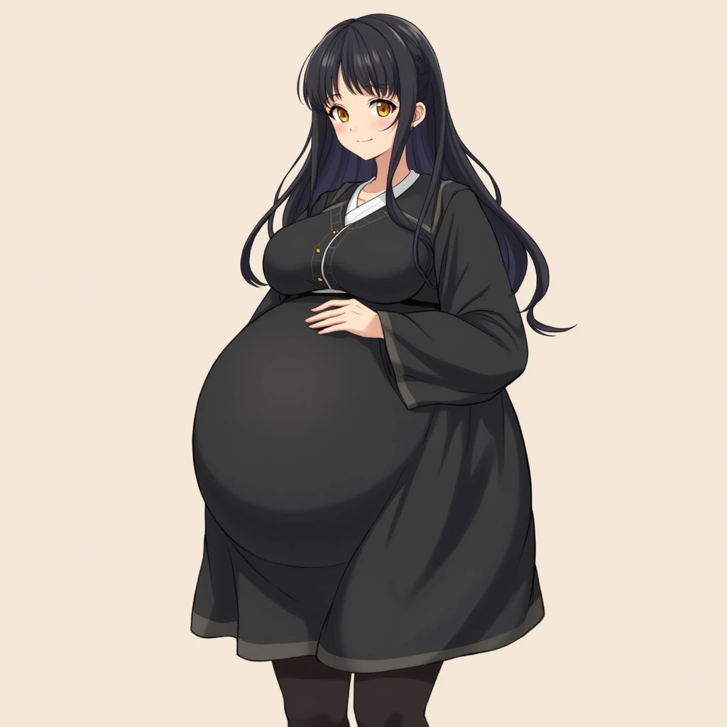  16-year-old girl, long hair, big pregnant, yellow eyes, very big breasts, very big belly , hyper-pregnant girl , the biggest belly , anime style, high resolution, black hair, big breasts, hyper-pregnant girl with a big belly, full height, smile, straighte...