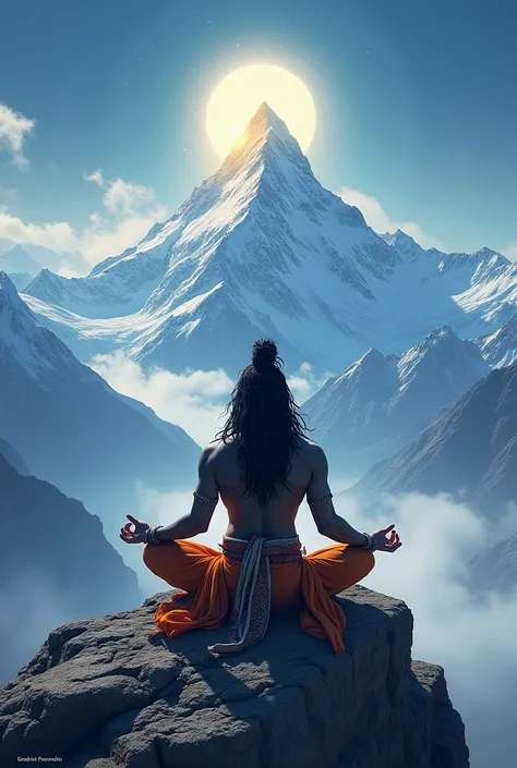 Mahadev sitting on Mount Kailash, surrounded by glowing celestial light, with snow-capped peaks in the background.
