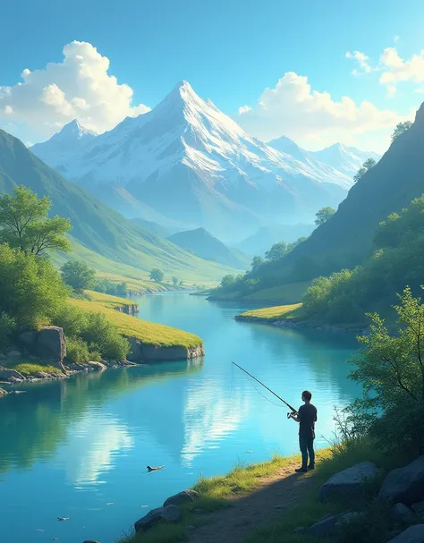 Hi! Can you please take a picture of nature? A river and a bank, on the bank a man with a fishing rod. In the distance mountains and sky. Bright. Realistic. Thank you.