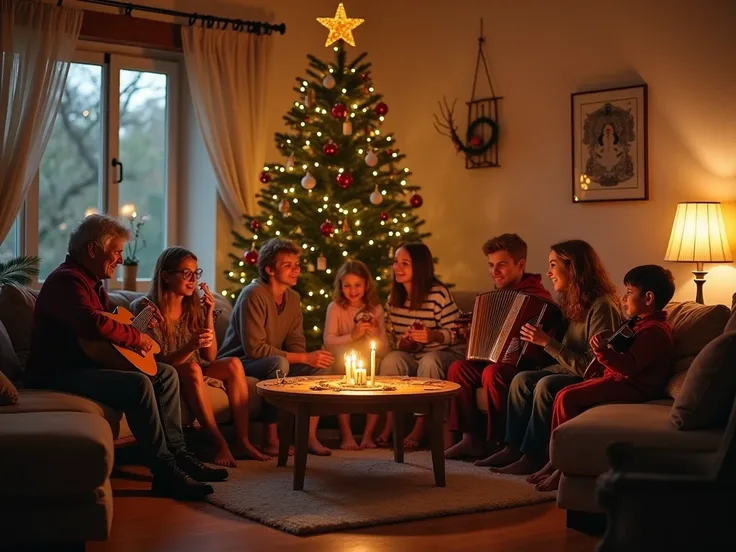  in the living room :  : Mother (blonde woman, 46 years old), dad (gray haired man, 50 years old). 11 ren :  2 boys aged 14 and 8 .  9 girls :  Generate an image .  Share the atmosphere of a family evening {x} They play musical instruments: guitar, Accordi...