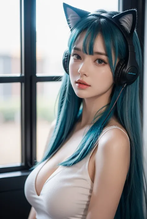  long hair,Blue Hair/ light blue hair,cat ear headphones, high res, Big Breasts 