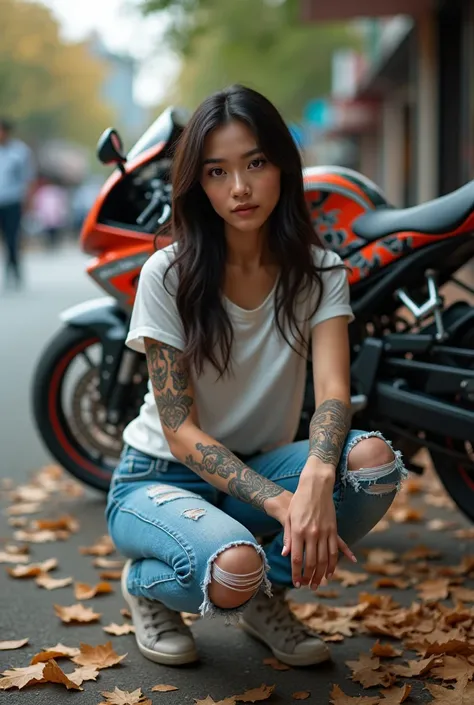  A beautiful Indonesian woman, with white skin , wear t-shirt with tatted sleeves  , wear jeans torn at the knee ,  sneaker sitting squatting to camera , next to parked superbike yamaha M1 full airbrush anime motif,  on the roadside pedestrian jogyakarta c...