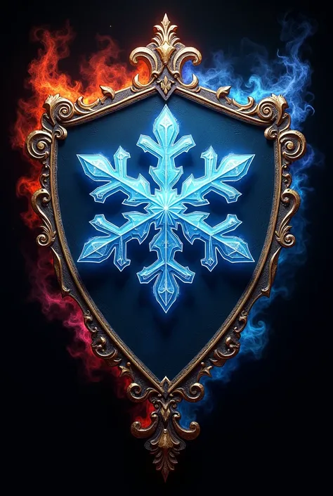  Create a coat of arms of a medieval house on a black background.  Make it colorful . The main symbol - a blue snowflake. 