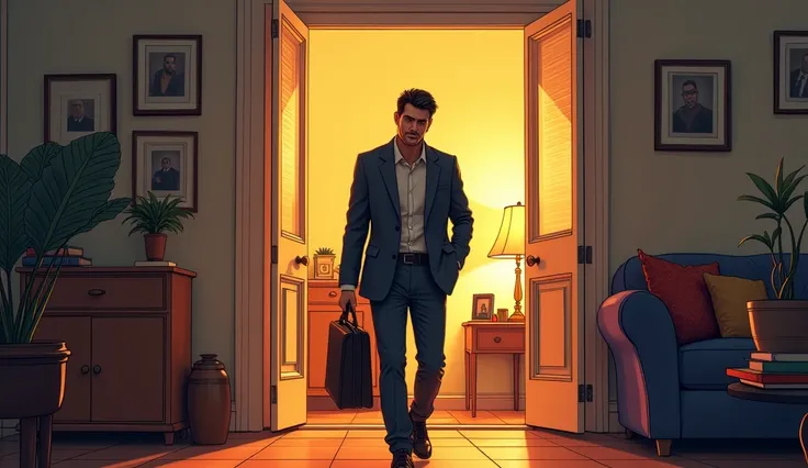  A tired man comes home , carrying a briefcase ,  as he opens the door and enters the living room illuminated by the evening light. He seems exhausted ,  but his eyes are quickly drawn to something out of the ordinary .(HD comic style image )