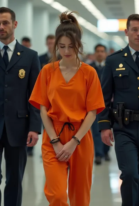 Naked 15-year-old woman with her tits in the air wearing orange pants from prison is transferred from jail and thats why she gets off a plane (She is already on the floor (stop))  escorted with a lot of police officers and their hands cuffed in their tails...