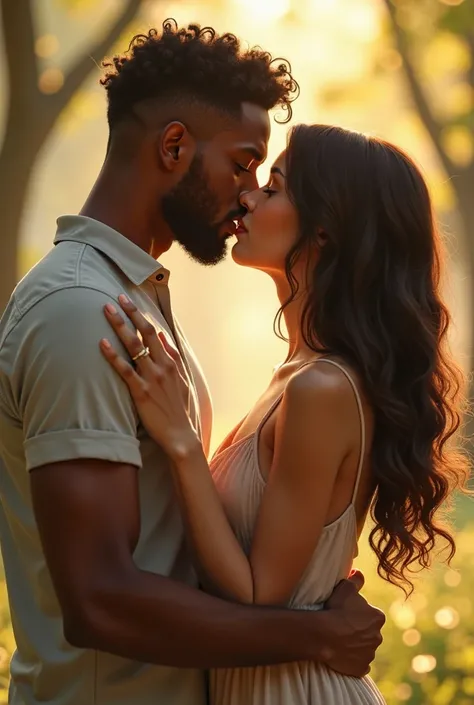 Esfp man and isfp woman couple with 15cm height difference and him half black and her brunette make it realistic and rich detail showing their natural kiss 