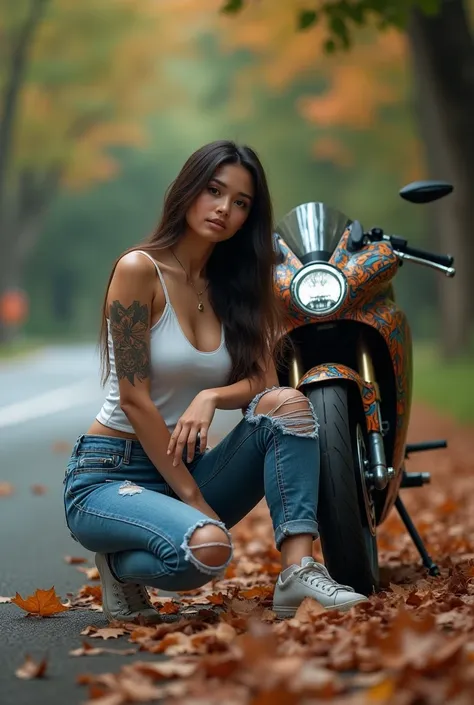  A beautiful Indonesian woman,perfect body,BIG BREAST, with white skin , wear t-shirt with tatted sleeves  , wear jeans torn at the knee ,  sneaker sitting squatting to camera , next to parked superbike yamaha M1 full airbrush anime motif,  on the roadside...