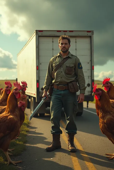 a refrigerated box truck driver fought with a sword against hundreds of armed chickens