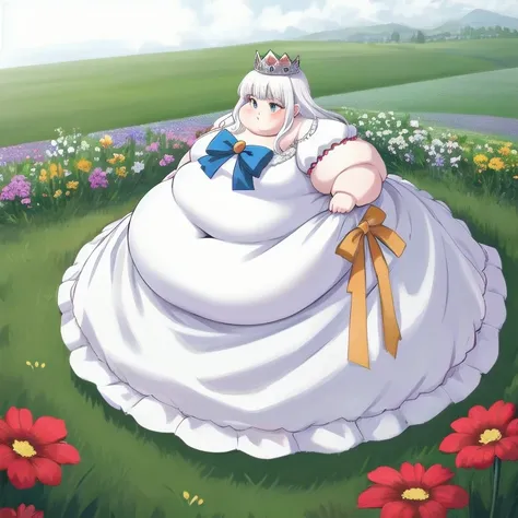 Beautiful Queen, White Hair, obesity,  very large body , Belly protruding, Wear a bow ,  White Princess Dress, full body,
 with field and flowers in the background,
 achromatic ,
masterpiece,  ultra high res against a flat background,  High Quality ,