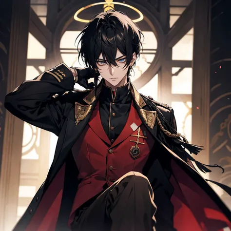 Yuta okkotsu anime character blue eyes and black hair , the same color pierced with gold earrings, as well as a halo with details, resembling eyes, Behind your head, which represents his Halowian heritage. Sunday outfit consists of a black sleeveless coat,...