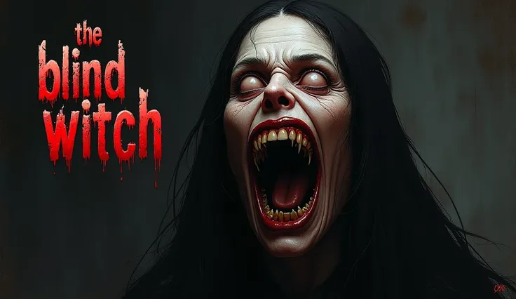 Horror Blind Witch With Big Teeth and also write " The Blind Witch" In Red And White 