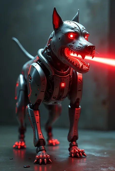 a robot pit bull looking forward with red eyes throwing Lazer forward