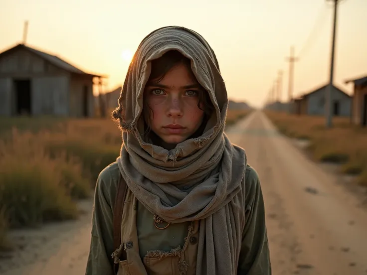 A young homeless woman with a scarf wrapped loosely around her head and a torn hood covering part of her face, her scarf and hood weathered and ragged from years of wear. Her clothes are severely torn, dirty, and frayed, clinging unevenly to her thin frame...