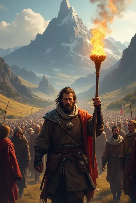 A man holding a medieval torch leading thousands of people to a mountian