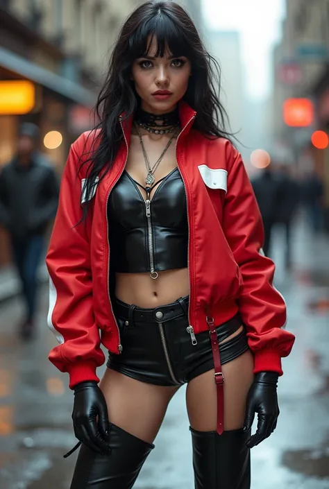 Create a female superhero costume , flirty,  jacket in red with white and black boots and that the suit is emo style, with short shorts, a zipper in the middle ,  and an oversize  