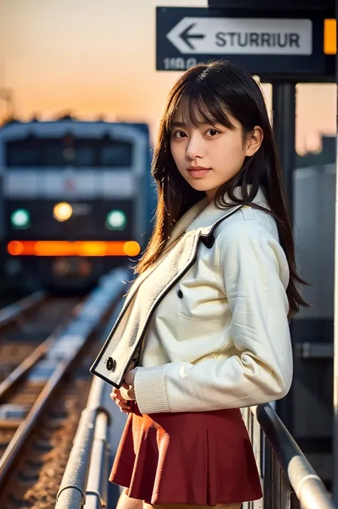 (best quality, perfect anatomy, highres, 8k, realistic, photorealistic, natural skin texture, no makeup:1.2), 1girl, solo, Japanese, age20, very cute, female university student, (large breasts:1.4), winter vibes, standing on a train platform during a winte...