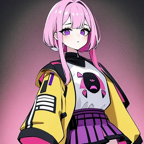  pink hair,White mesh,  long bob hair ,dark lines around the eyes  ,  purple eyes,  doll face ,  shirt , black and yellow jacket, micro mini skirt ,