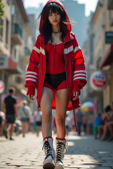 Create a female superhero costume  , in red with white and black boots and make the costume emo-style, with short shorts, , a half zipper and a cute oversized jacket  