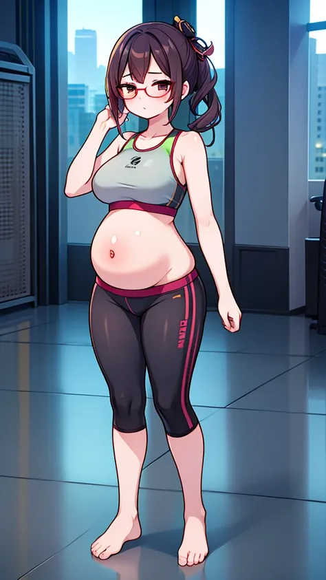 Pregnant girl in gym clothes, sports bra, sweatshorts, barefoot, tall, wearing glasses. Full body.