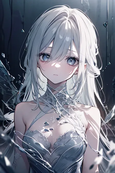 a girl with a cracked glass-like heart, delicate detailed features, flowing long hair, intricate glass-like cracks on skin, ethereal glowing aura, dramatic lighting, digital art, cinematic composition, moody color palette, soft muted tones, dramatic shadow...