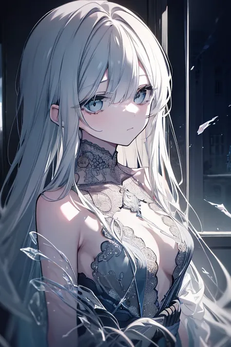 a girl with a cracked glass-like heart, delicate detailed features, flowing long hair, intricate glass-like cracks on skin, ethereal glowing aura, dramatic lighting, digital art, cinematic composition, moody color palette, soft muted tones, dramatic shadow...