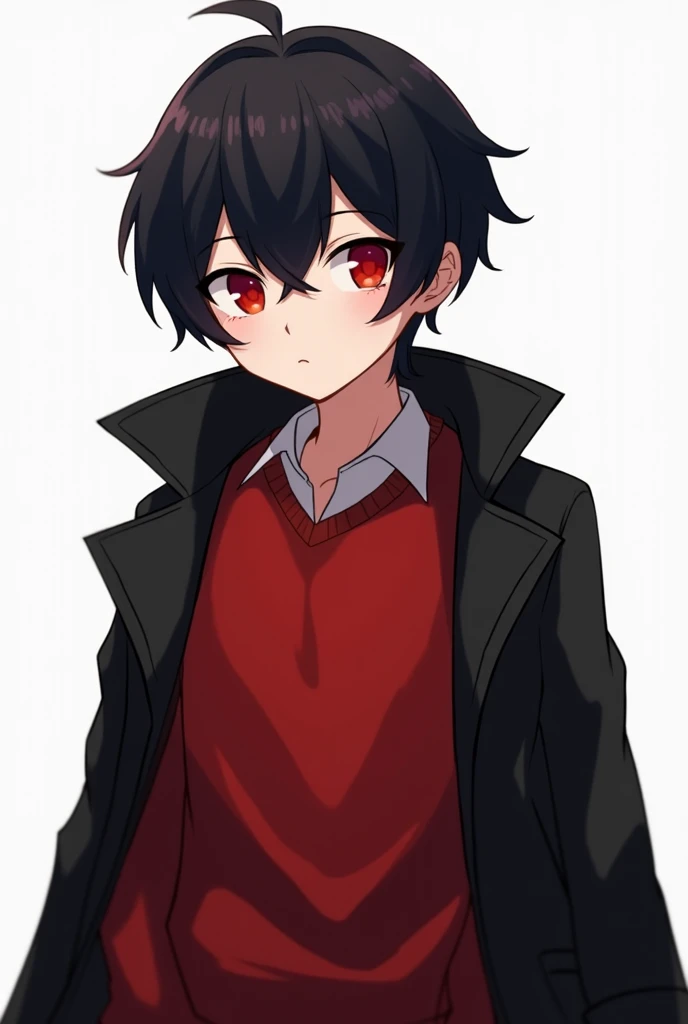 Human Male Innocent , Black hair  , Red Sweater , Black Coat  ,Adolescent , red pupils  , simple background,character sheet , 