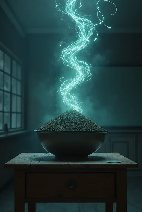 A bowl filled with soil stands on a teachers desk in a creepy classroom. Energy fibers form in the ground. 